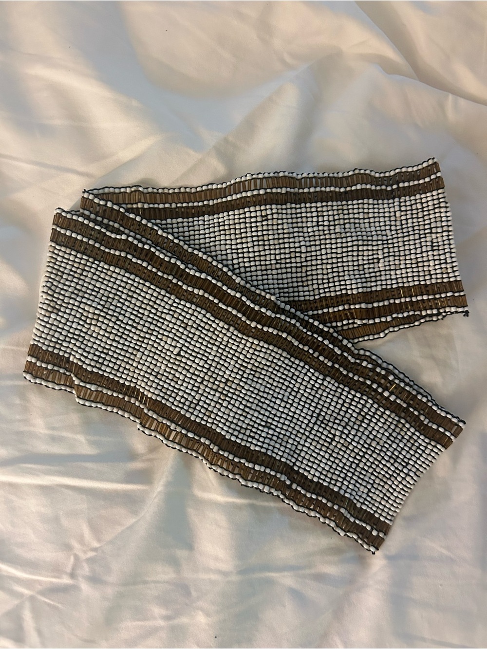 Vintage Beaded Stretch Waist Belt in White and Brown